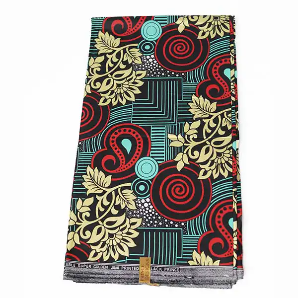 Gros plan du tissu Prince rouge, bleu et or noir à vendre montrant des imprimés