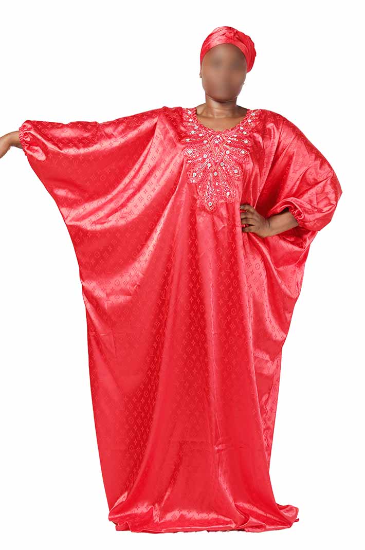 Red boubou with gold embroidery and matching scarf 1 Red Boubou with Gold Embroidery and Matching Scarf – authentic African dress available at BaobabMart.