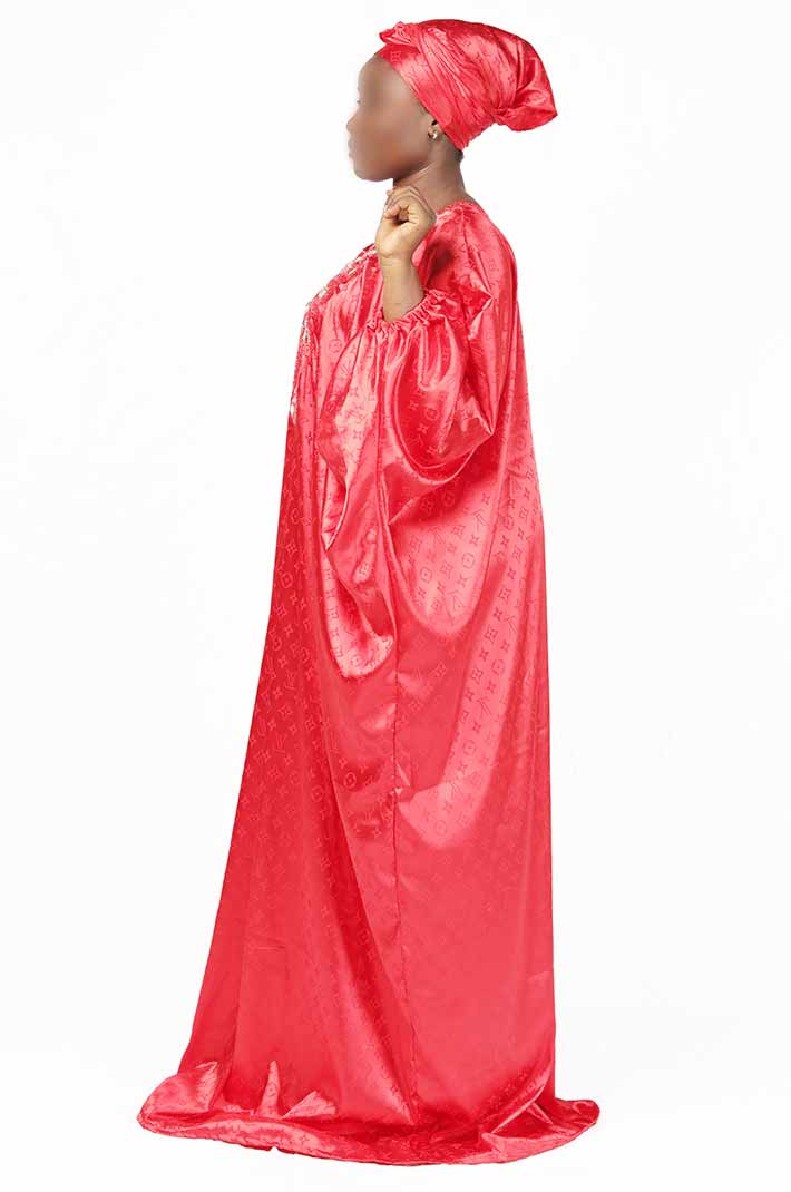 Red boubou with gold embroidery and matching scarf 2 Red Boubou with Gold Embroidery and Matching Scarf – authentic African dress available at BaobabMart.