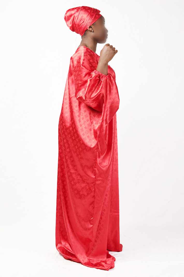 Red boubou with gold embroidery and matching scarf 4 Red Boubou with Gold Embroidery and Matching Scarf – authentic African dress available at BaobabMart.