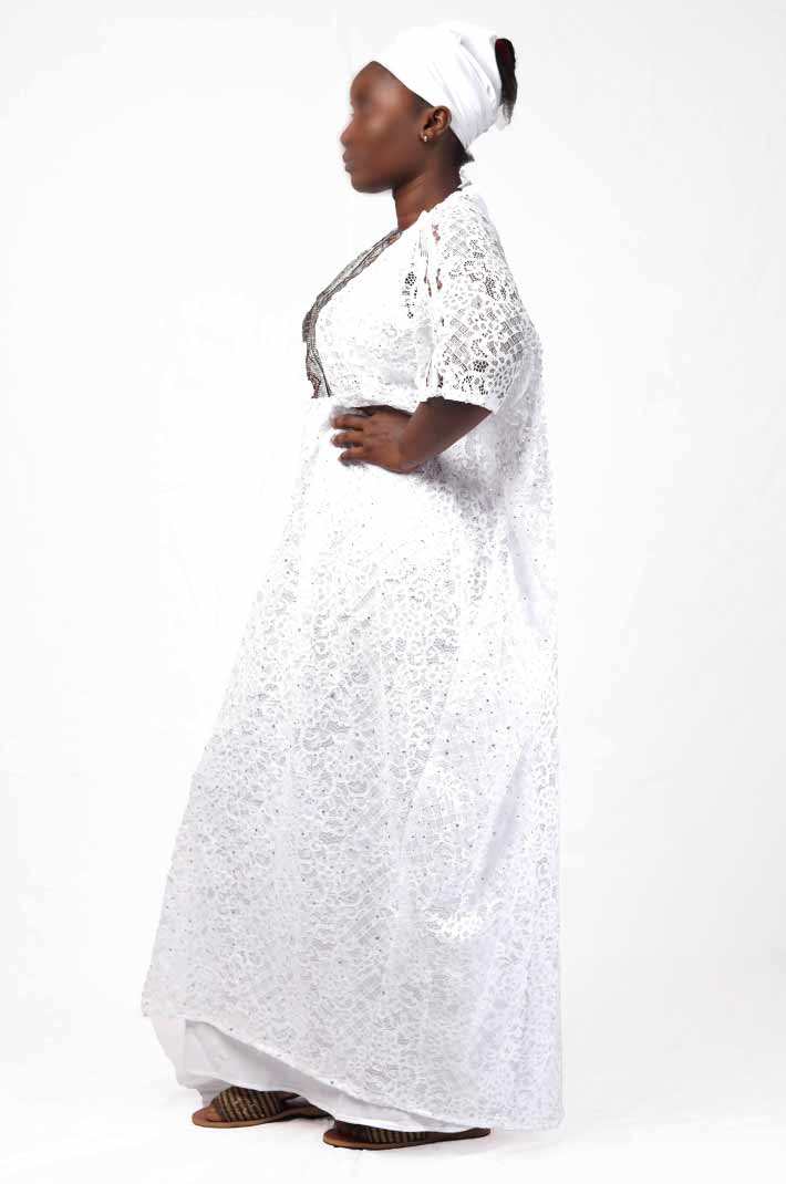 Senegalese 2-piece white boubou with matching scarf and embroidery on chest 2 2-piece White Boubou with Matching Scarf and Embroidery on Chest – authentic African attire at BaobabMart.