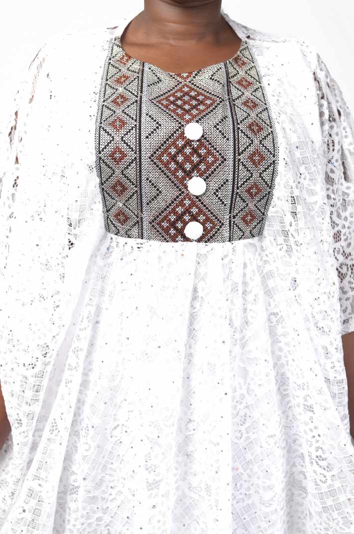Senegalese 2-piece white boubou with matching scarf and embroidery on chest 5 2-piece White Boubou with Matching Scarf and Embroidery on Chest – authentic African attire at BaobabMart.