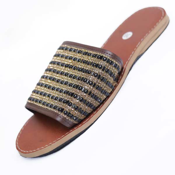 Senegalese Sandals Decorated with Black and Gold Beads – handmade luxury footwear at BaobabMart.