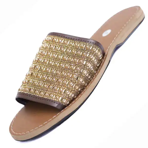 Senegalese Sandals Decorated with Gold Beads – handmade luxury footwear at BaobabMart.