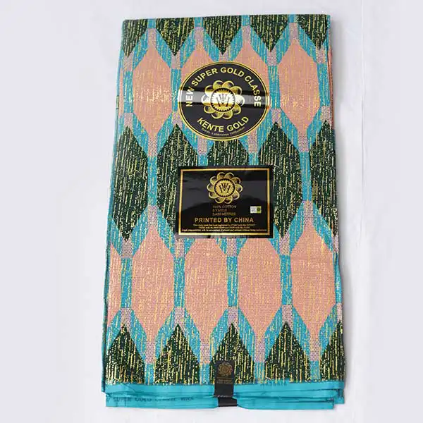 Tissu Wax Kente Gold Bleu Ciel et Rose Doré