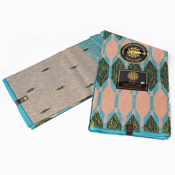 Sky blue and gilded pink Kente Gold wax fabric 2 Sky Blue and Gilded Pink Kente Gold Wax Fabric