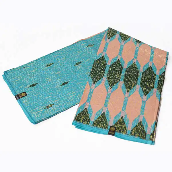 Tissu Wax Kente Gold Bleu Ciel et Rose Doré