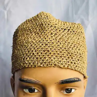 African Traditional Brown Raffia Knit Cap – authentic African accessory available at BaobabMart.