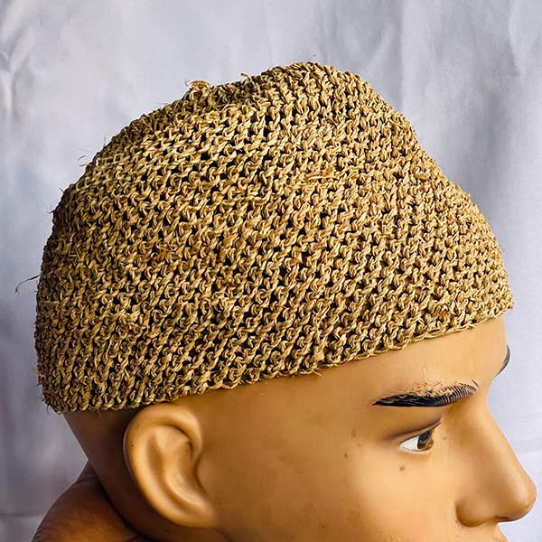 African Traditional Brown Raffia Knit Cap – authentic African accessory available at BaobabMart.
