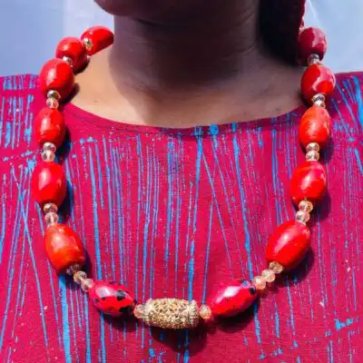 Red Coral Stone Beaded Necklace with Earrings for Brides – authentic bridal jewelry at BaobabMart.