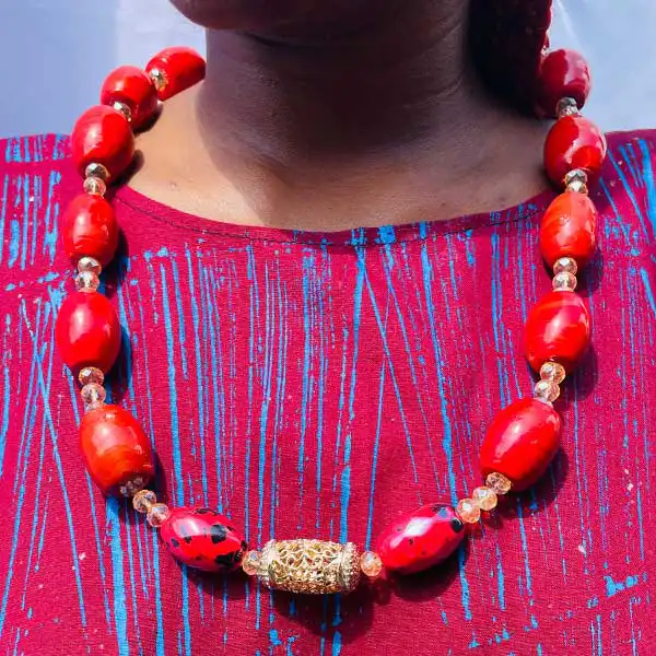 Red Coral Stone Beaded Necklace with Earrings for Brides – authentic bridal jewelry at BaobabMart.