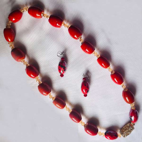 Red Coral Stone Beaded Necklace with Earrings for Brides – authentic bridal jewelry at BaobabMart.