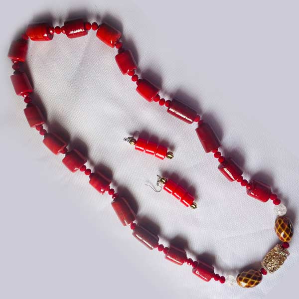 Traditional square red Coral Stone necklace with earrings 1 Traditional Square Red Coral Stone Necklace with Earrings – authentic jewelry at BaobabMart.