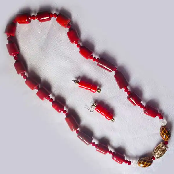 Traditional Square Red Coral Stone Necklace with Earrings – authentic jewelry at BaobabMart.