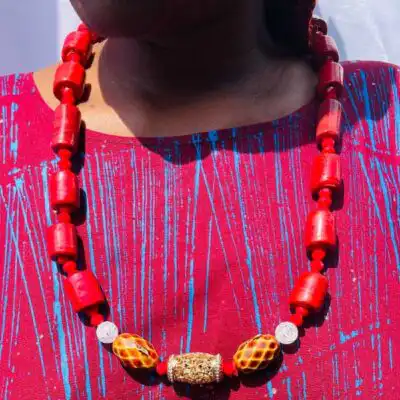 Traditional Square Red Coral Stone Necklace with Earrings – authentic jewelry at BaobabMart.