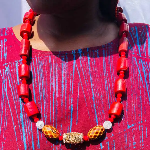 Traditional Square Red Coral Stone Necklace with Earrings – authentic jewelry at BaobabMart.