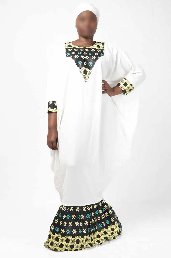 White Senegalese Dress and Wax Fabric with Scarf – elegant African-inspired outfit available at BaobabMart.
