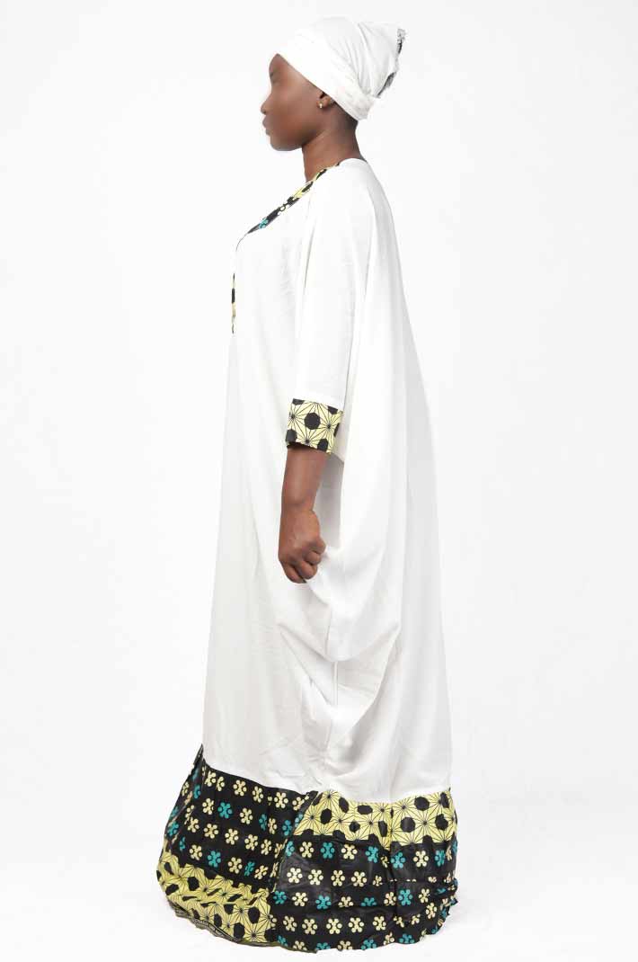White Senegalese dress and wax fabric, with matching scarf 2 White Senegalese Dress and Wax Fabric with Scarf – elegant African-inspired outfit available at BaobabMart.