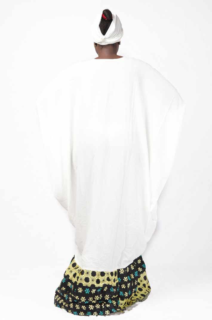 White Senegalese dress and wax fabric, with matching scarf 3 White Senegalese Dress and Wax Fabric with Scarf – elegant African-inspired outfit available at BaobabMart.