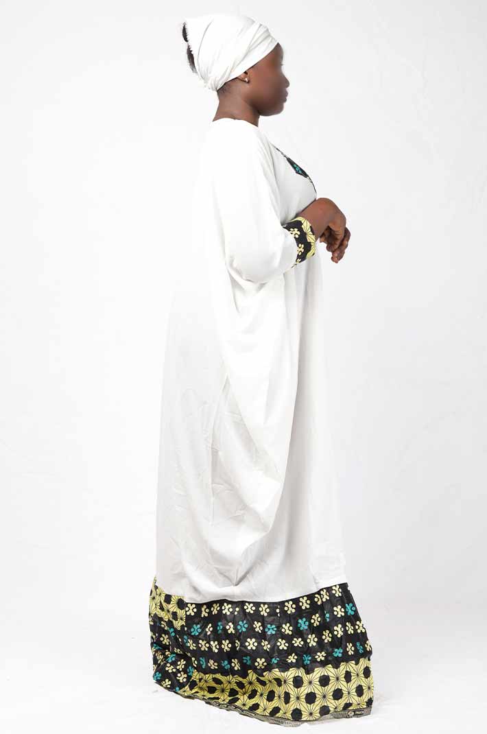 White Senegalese Dress and Wax Fabric with Scarf – elegant African-inspired outfit available at BaobabMart.