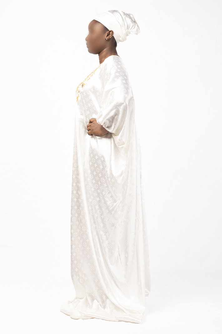 White boubou with gold embroidery on the front and matching scarf 3