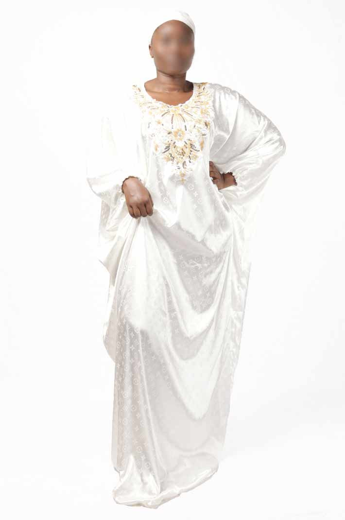 White boubou with gold embroidery on the front and matching scarf 3