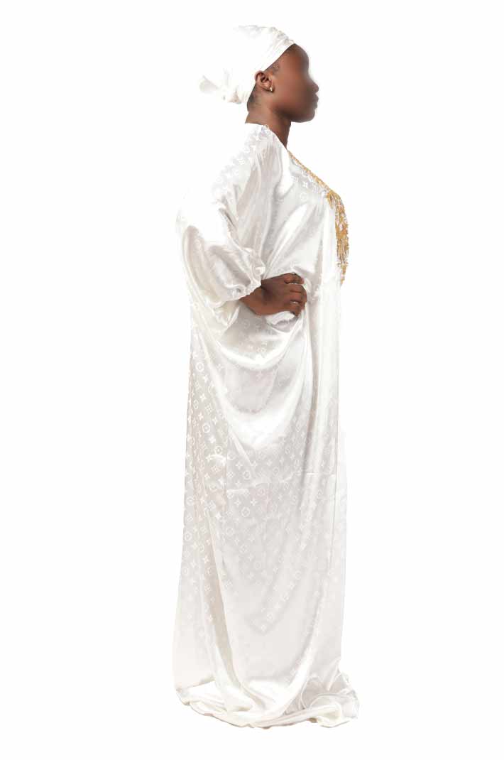 White boubou with gold embroidery on the front and matching scarf 4