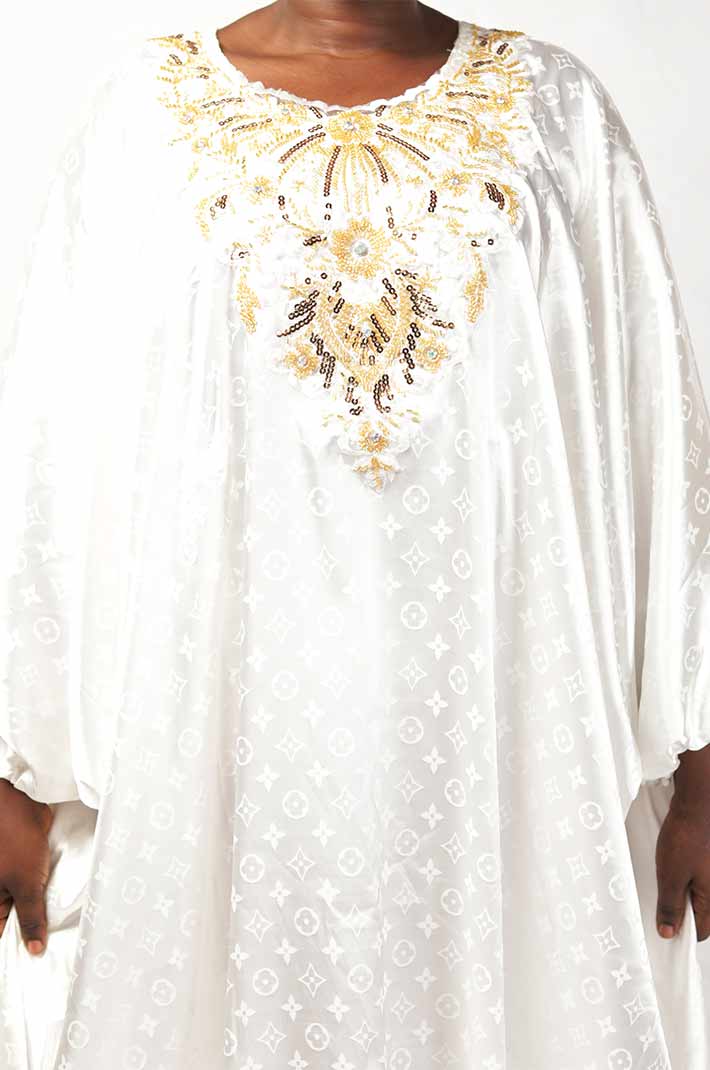 White boubou with gold embroidery on the front and matching scarf 5
