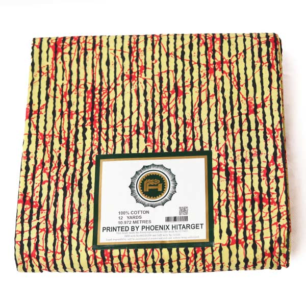 Yellow Hitarget Fabric with Black and Red Stripes – bold, stylish fabric available at BaobabMart.