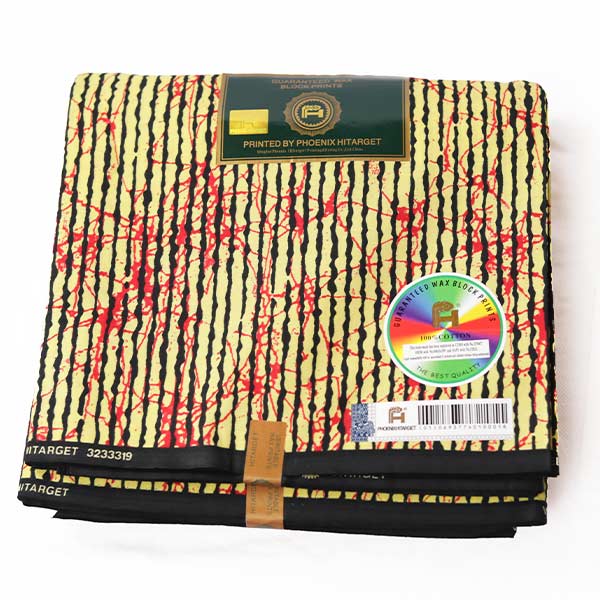 Yellow Hitarget fabric with black and red lines 2 Yellow Hitarget Fabric with Black and Red Stripes – bold, stylish fabric available at BaobabMart.