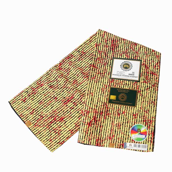 Yellow Hitarget Fabric with Black and Red Stripes – bold, stylish fabric available at BaobabMart.
