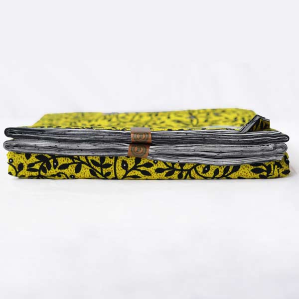 Yellow Hitarget fabric with black foliage prints 1 Close-up of Yellow Hitarget Fabric with Black Foliage Prints showing foliage