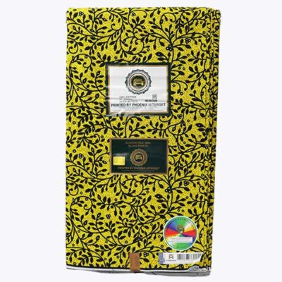 Close-up of Yellow Hitarget Fabric with Black Foliage Prints showing foliage