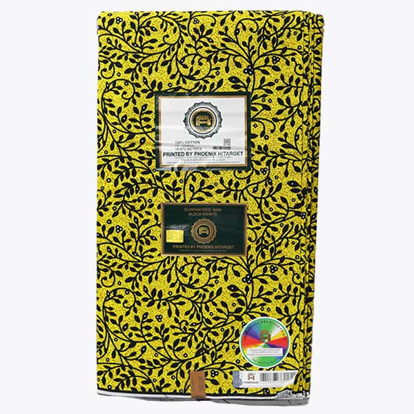 Yellow Hitarget fabric with black foliage prints 3 Close-up of Yellow Hitarget Fabric with Black Foliage Prints showing foliage