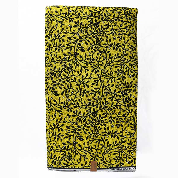 Yellow Hitarget fabric with black foliage prints 4 Close-up of Yellow Hitarget Fabric with Black Foliage Prints showing foliage