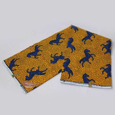 Close-up of Yellow Hollantex Fabric with Blue Horse Print showing horse design
