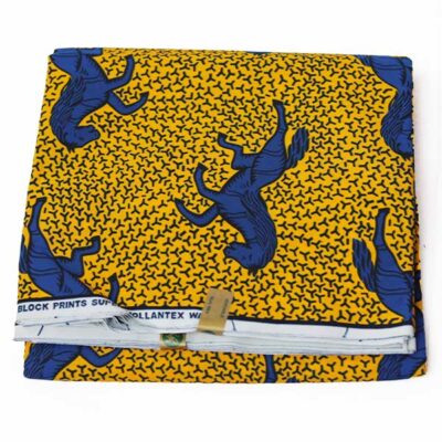 Close-up of Yellow Hollantex Fabric with Blue Horse Print showing horse design