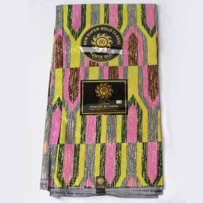 Secure Yellow and Gleaming Pink Kente Gold Wax Fabric. Gold Wax Shine for You Today