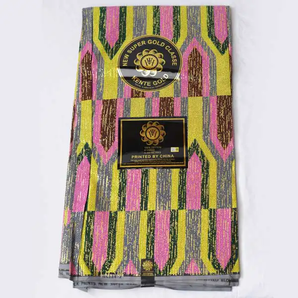 Tissu Kente Gold Wax jaune et rose brillant. Faites briller la cire dorée pour vous aujourd'hui