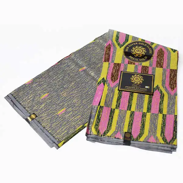 Tissu Kente Gold Wax jaune et rose brillant. Faites briller la cire dorée pour vous aujourd'hui