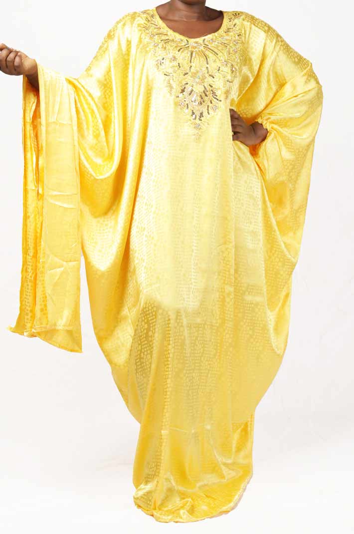 Yellow Boubou with Gold Embroidery and Matching Scarf – elegant African-inspired outfit available at BaobabMart.