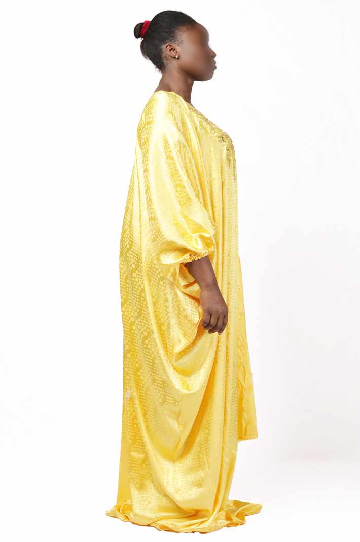 Yellow Boubou with Gold Embroidery and Matching Scarf – elegant African-inspired outfit available at BaobabMart.