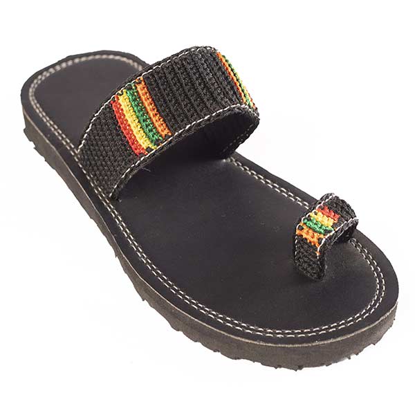 Black Unisex handmade leather sandal decorated with colored twines 3