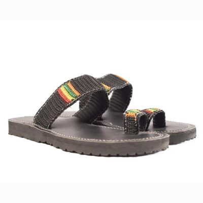 Black Unisex Handmade Leather Sandal with Colored Twines