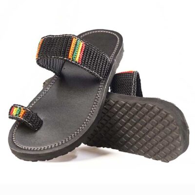 Black Unisex Handmade Leather Sandal with Colored Twines