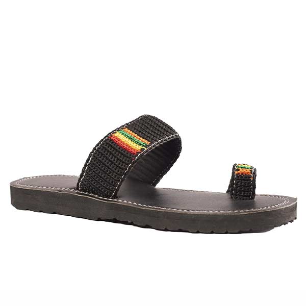 Black Unisex handmade leather sandal decorated with colored twines Black Unisex Handmade Leather Sandal with Colored Twines