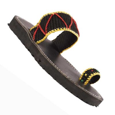 Black Handmade Leather Sandal with Red and Yellow Twine at Baobabmart