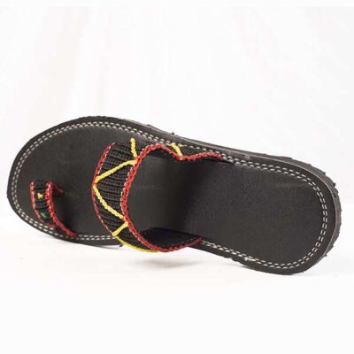 Black Unisex Handmade Leather Sandal with Yellow and Red Twine at Baobabmart