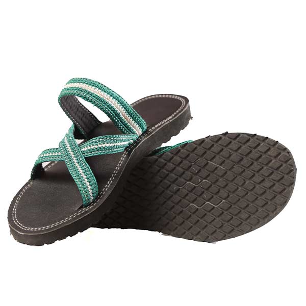 Female Handmade Leather Sandal with Green and White Twine