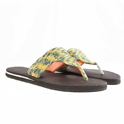 Female Handmade Leather Sandal with Green and Yellow Twine at Baobabmart